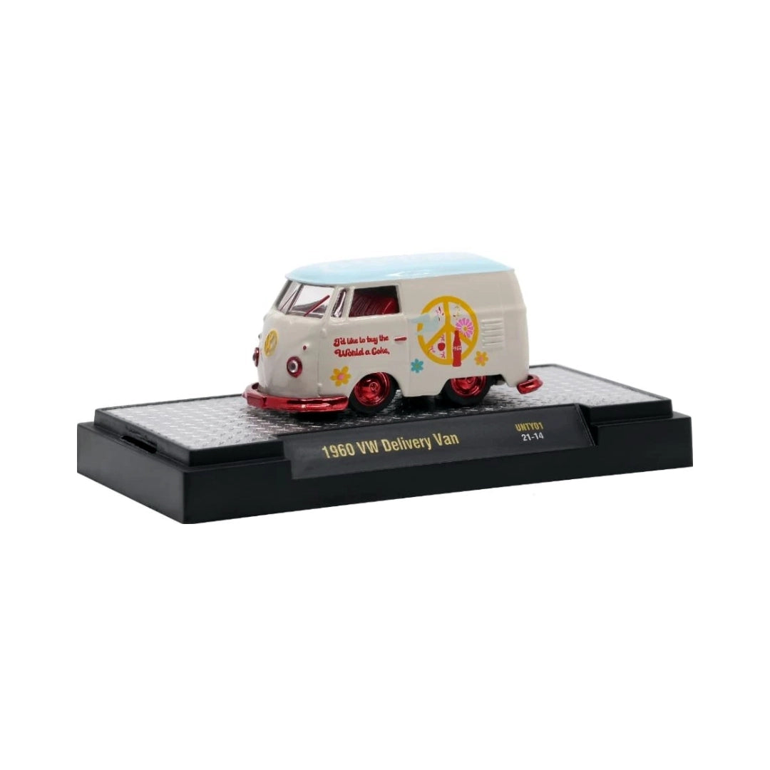 1960 VW Delivery Van - White Hippie/Flower Power Theme with Silver Chrome Details, Gray Interior (Exclusive, Limited Edition, Premium Range)