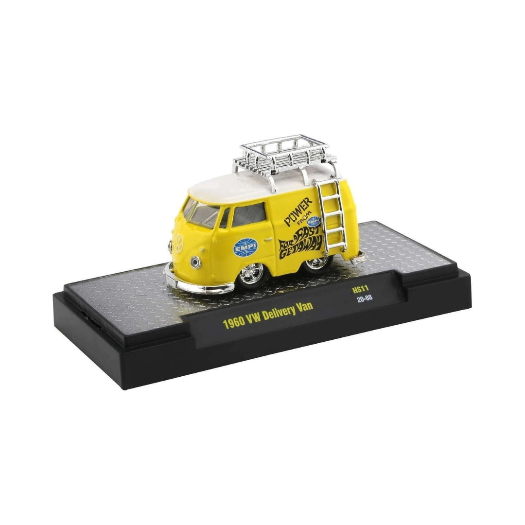 1960 VW Delivery Van - Yellow EMPI Power Reverser Chase with Gold Chrome Details, Gold Chrome Rims, Brass Interior, Gold Roof Rack & Ladder (Exclusive, Limited Edition, Premium Range)