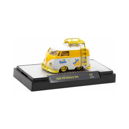 1960 VW Delivery Van - Yellow & White Fanta with Silver Chrome Details, White Interior, White Roof Rack & Ladder