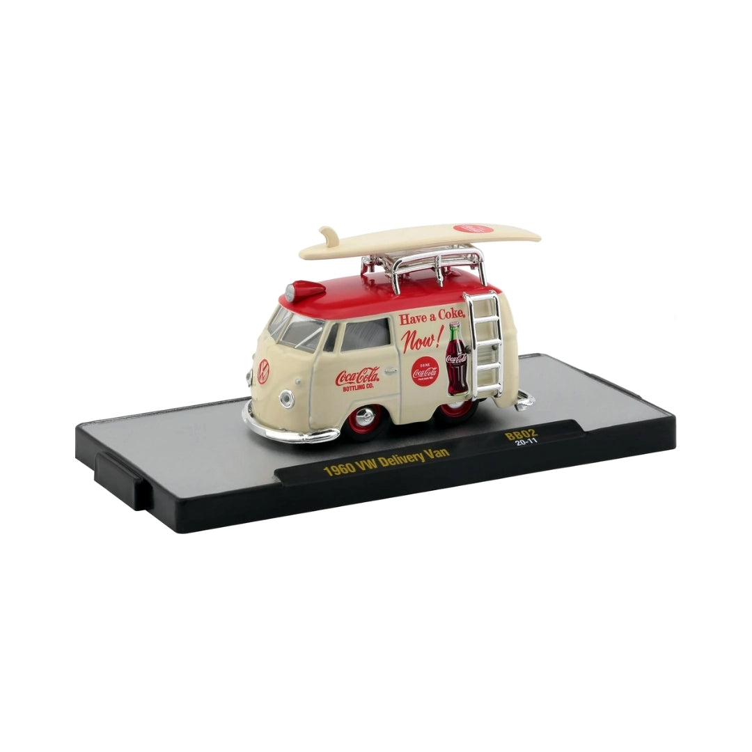 1960 VW Delivery Van - Coca-Cola Bottling Co. Surf Van Chase with White Surfboard, Red Chrome Details, Red Interior, Red Chrome Rims & Ladder (Exclusive, Limited Edition)