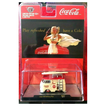 1960 VW Delivery Van - Coca-Cola Bottling Co. Surf Van Chase with White Surfboard, Red Chrome Details, Red Interior, Red Chrome Rims & Ladder (Exclusive, Limited Edition)