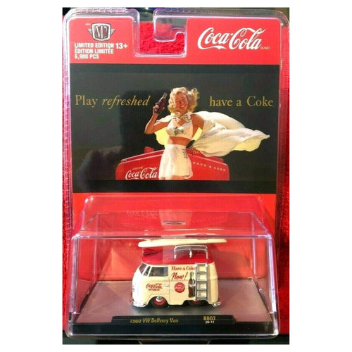 1960 VW Delivery Van - Coca-Cola Bottling Co. Surf Van Chase with White Surfboard, Red Chrome Details, Red Interior, Red Chrome Rims & Ladder (Exclusive, Limited Edition)