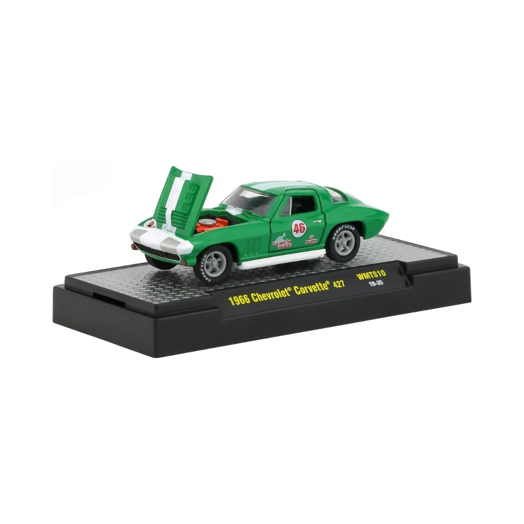 1966 Chevrolet Corvette 427 – Green (White Hood Stripe, Green Rims, Hood Open, Turtle Wax Livery, Walmart Exclusive)