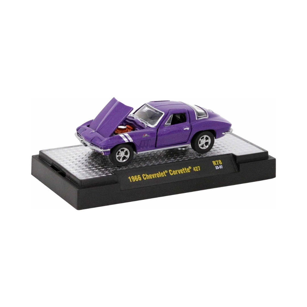 1966 Chevrolet Corvette 427 – Metallic Purple (Hood Open, Chrome Rims, Display Base)
