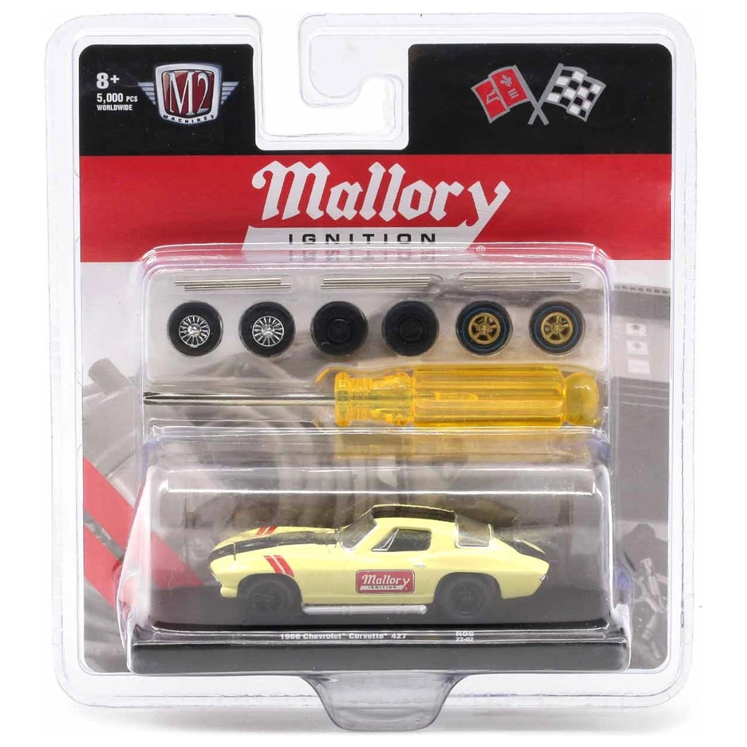 1966 Chevrolet Corvette 427 – Pale Yellow (Black Hood Stripe, Red Accent Stripes, Black Rims, Mallory Ignition Livery)