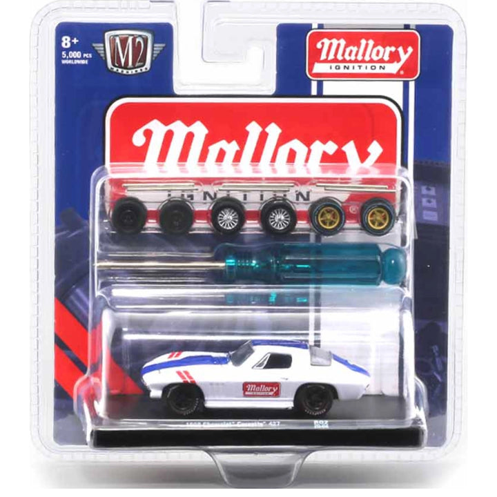 1966 Chevrolet Corvette 427 – White (Blue Hood Stripe, Red Accent Stripes, Black Rims, Mallory Ignition Livery)