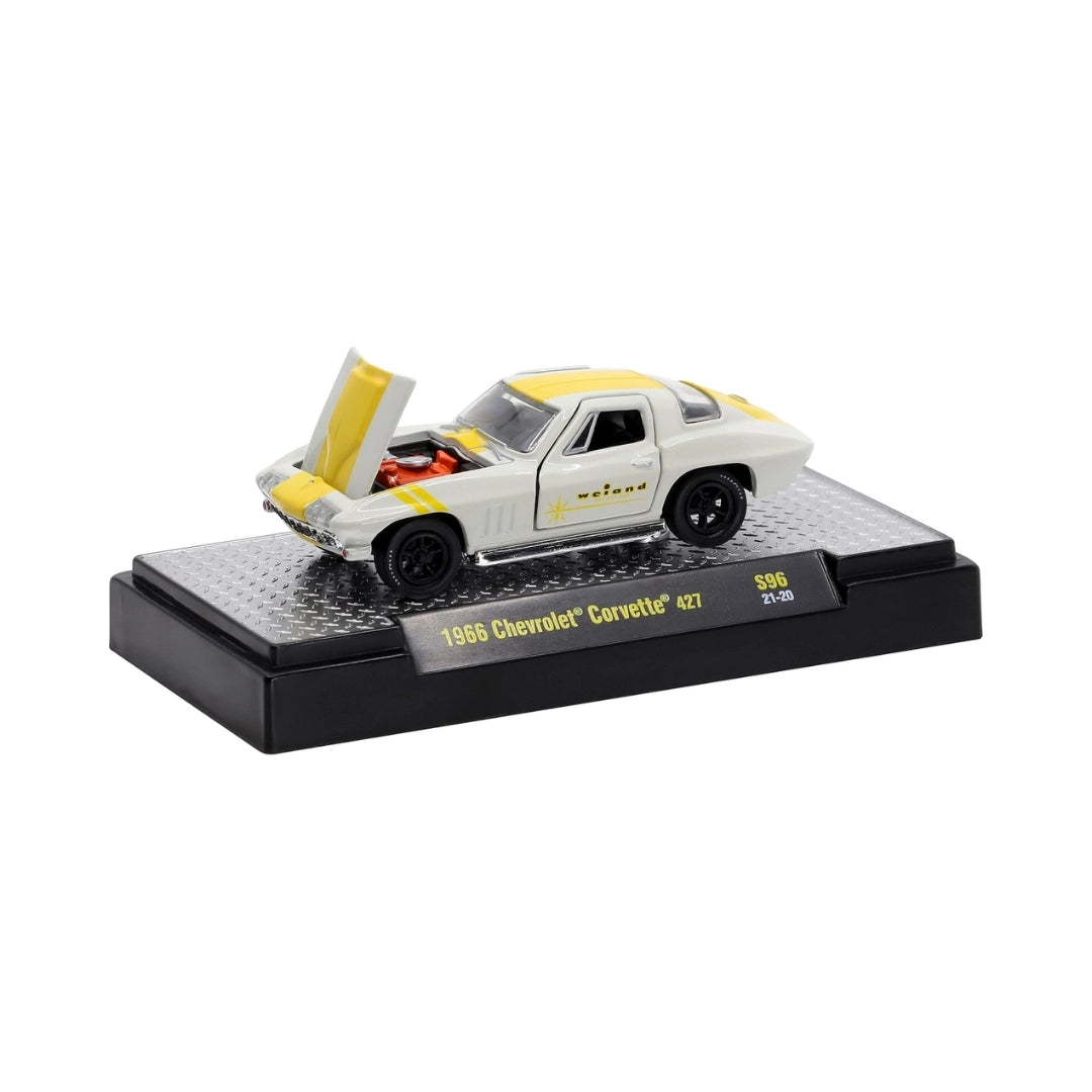 1966 Chevrolet Corvette 427 – White (Yellow Hood Stripe, Black Rims, Hood Open, O'Reilly Auto Parts Livery)