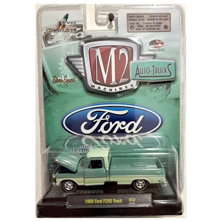 1969 Ford F250 Truck - Mint Green & White Chase (Gold Rims, Clamshell Blister)