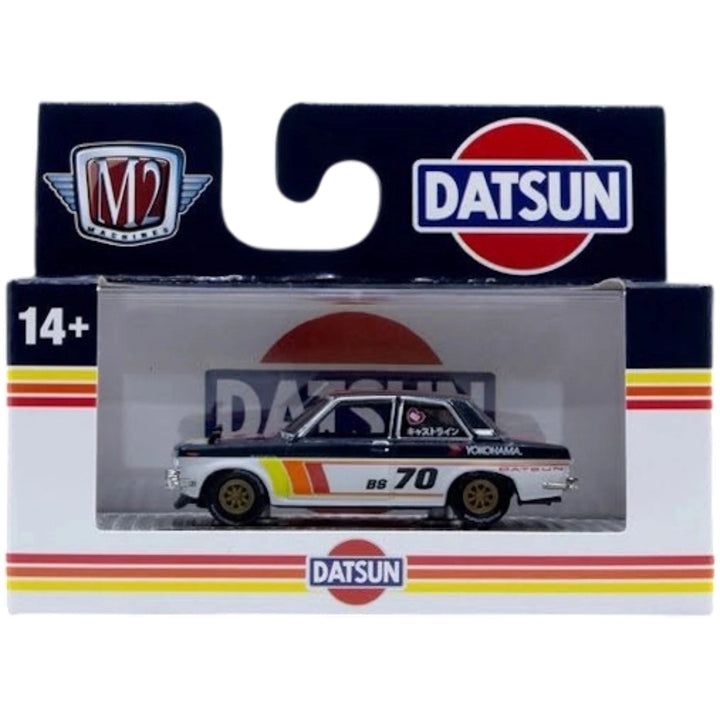 1970 Datsun 510 – Black and White Racing Livery (Black Rims and Multi-Color Side Stripes)