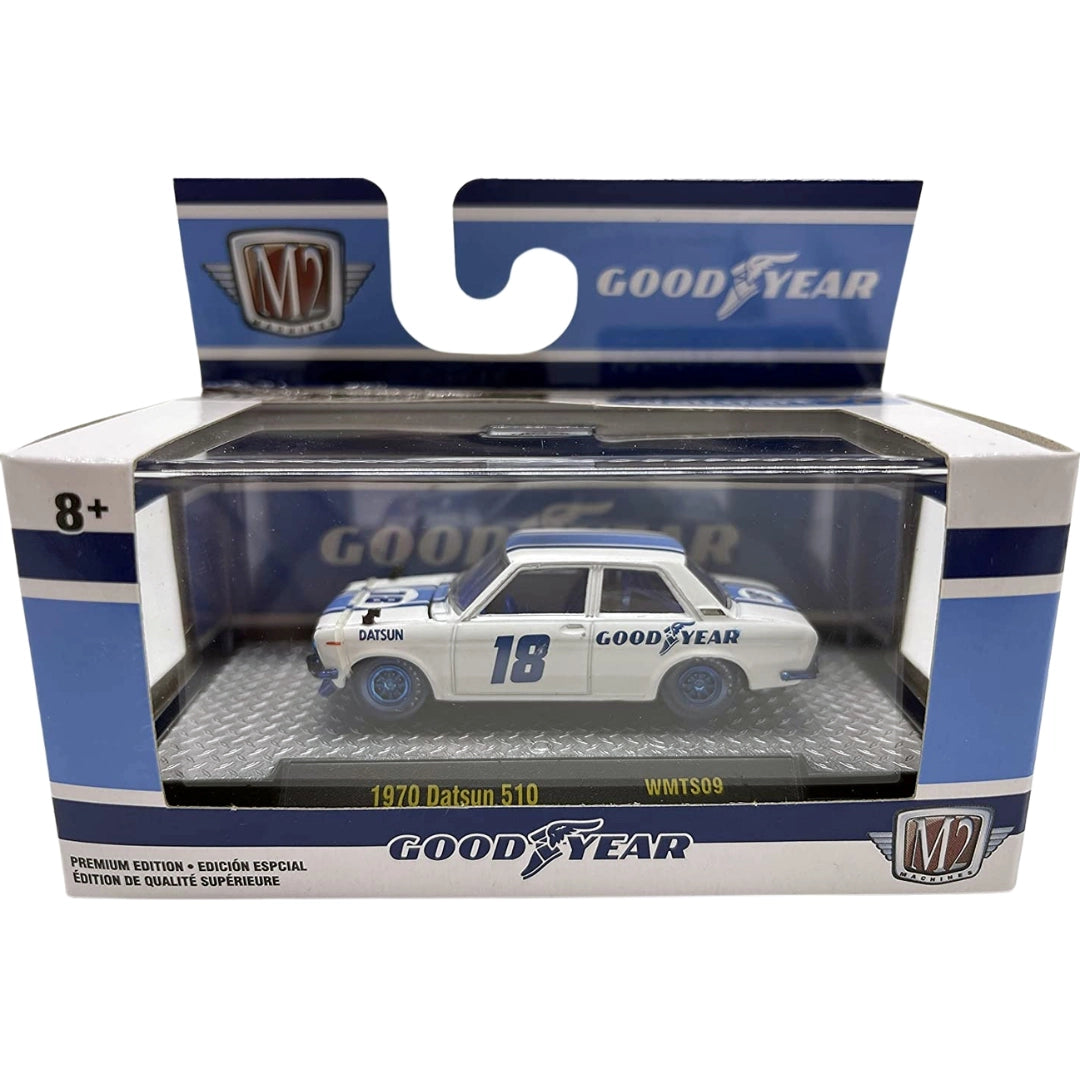 1970 Datsun 510 – Goodyear Livery (Blue Chrome Rims and Opening Hood)