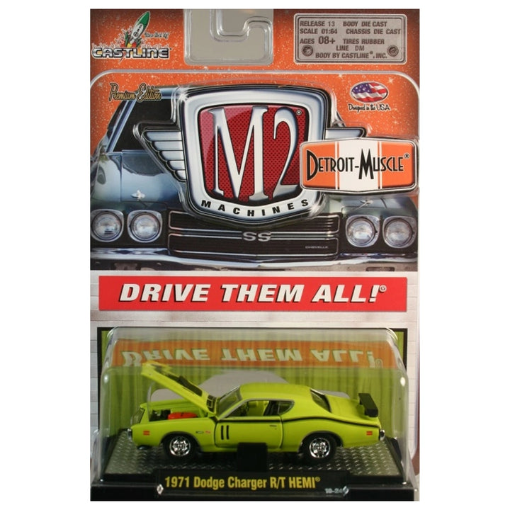 1971 Dodge Charger R/T HEMI - Lime Green/Black Stripe (Detroit-Muscle Premium Range) - Clamshell Blister