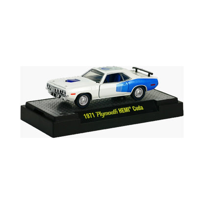 1971 Plymouth Cuda - White & Blue (Steel Rims, Blue Motor Block) - Box