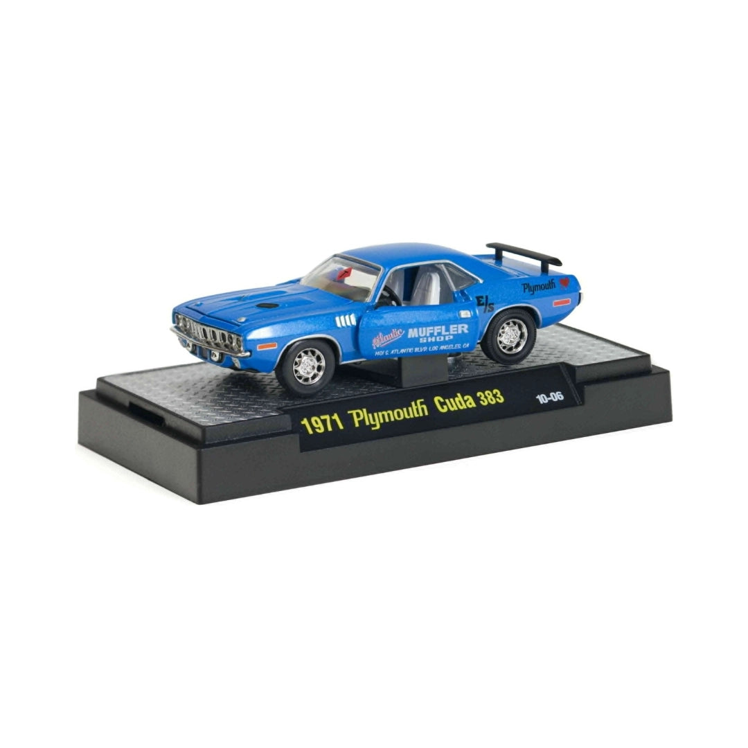 1971 Plymouth Cuda 383 - Blue (Muffler Warehouse Livery, Black Rear Wing, Chrome Rims) - Box