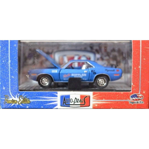1971 Plymouth Cuda 383 - Blue (Muffler Warehouse Livery, Black Rear Wing, Chrome Rims) - Box