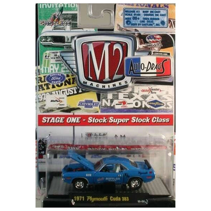 1971 Plymouth Cuda 383 - Blue (Muffler Warehouse Livery, Black Rear Wing, Chrome Rims) - Clamshell Blister