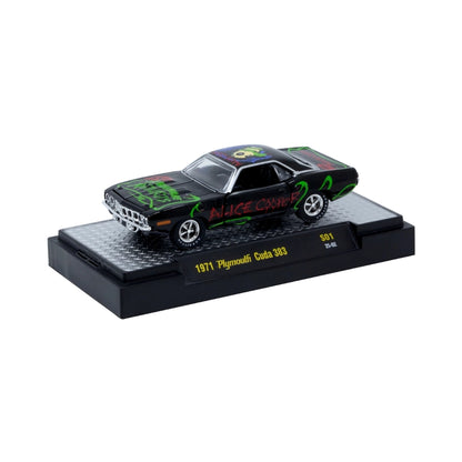 1971 Plymouth Cuda 383 – Black & Green Graphics (Chrome Rims)