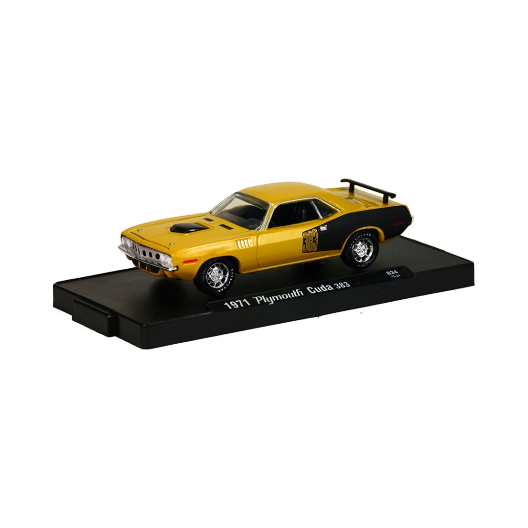 1971 Plymouth Cuda 383 - Yellow & Black (Chrome Rims, Black Hood & Rear Quarter)