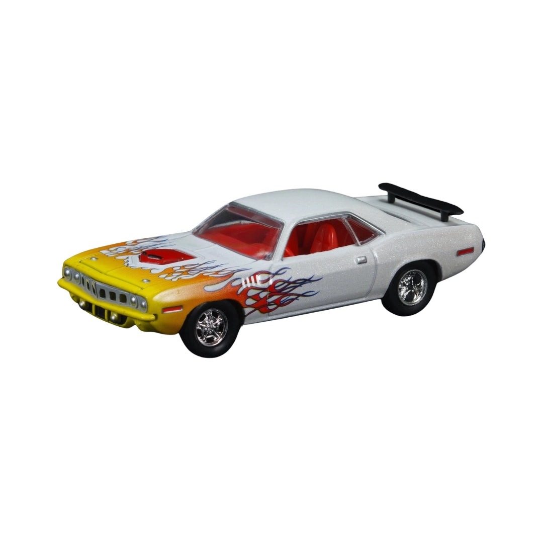 1971 Plymouth Cuda Hemi - White with Yellow Front, Flame Graphics - Blister Card