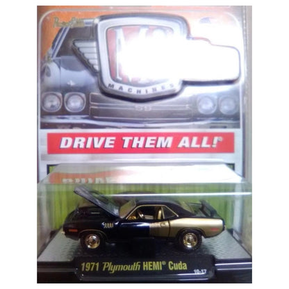 1971 Plymouth HEMI Cuda - Black & Gold (Gold Rims, Black Hood, Rear Wing) - Clamshell Blister