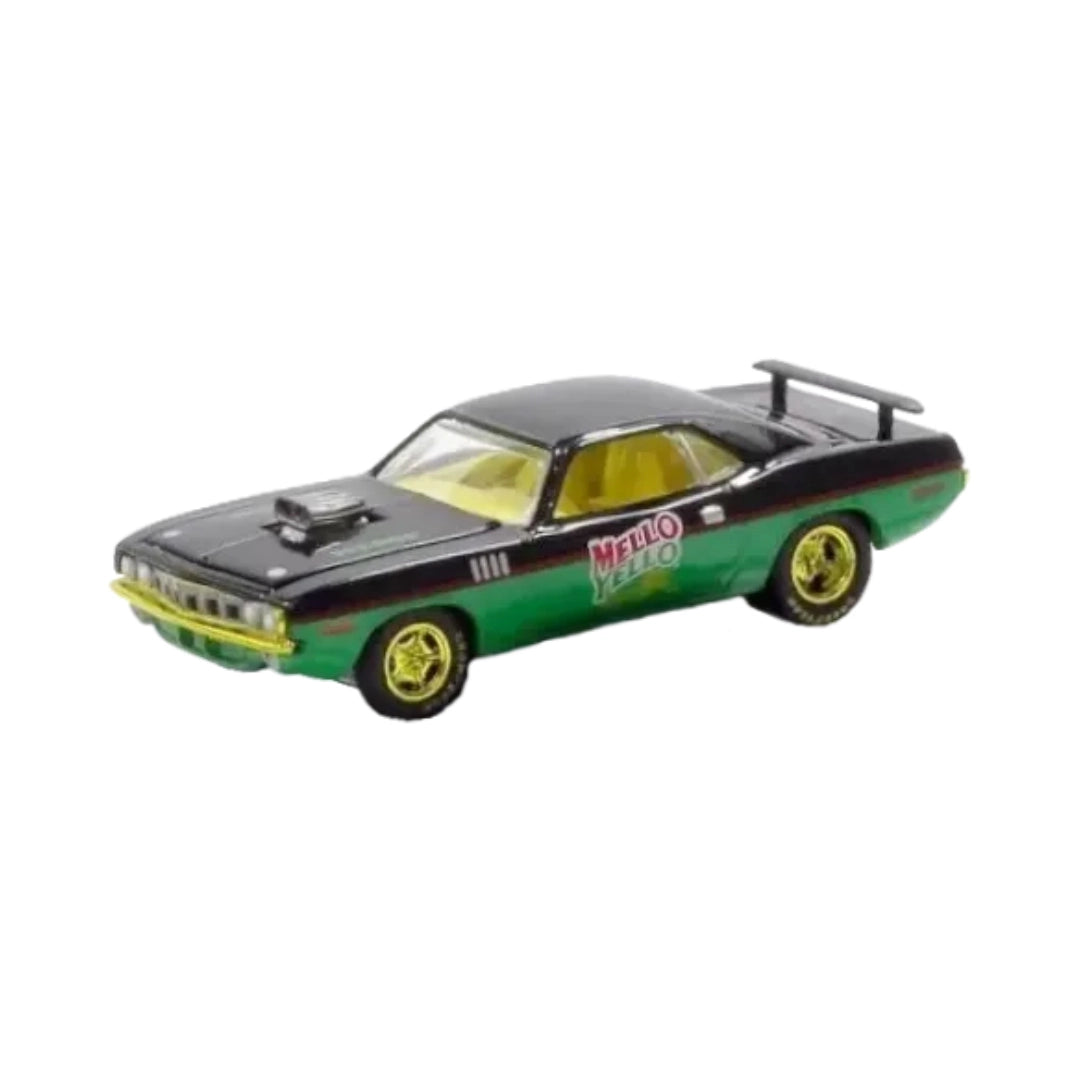 1971 Plymouth HEMI Cuda - Black & Green Chase (Mello Yello Graphics, Yellow Chrome Rims)