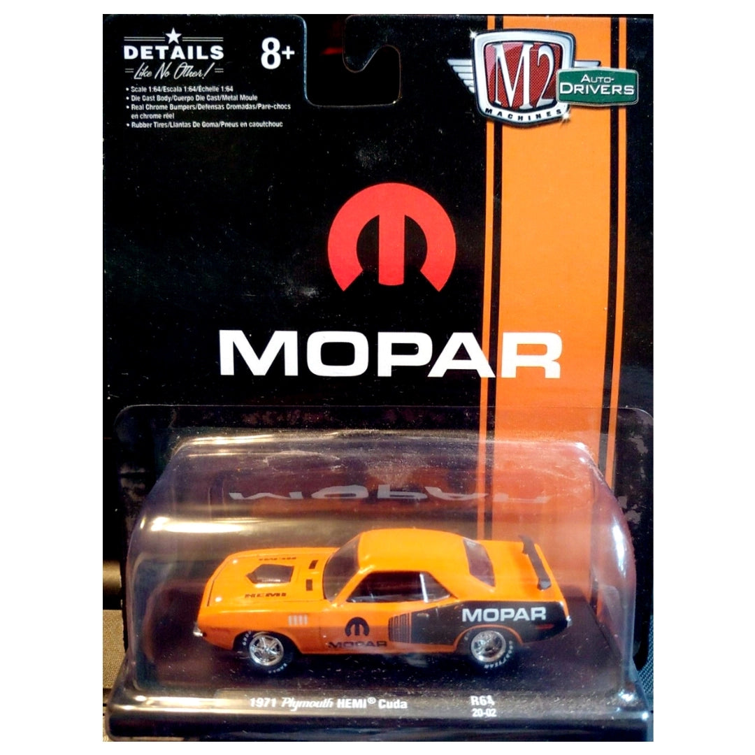 1971 Plymouth HEMI Cuda - Orange & Black (Silver Chrome Rims, MOPAR Livery, No Rear Window Louver)