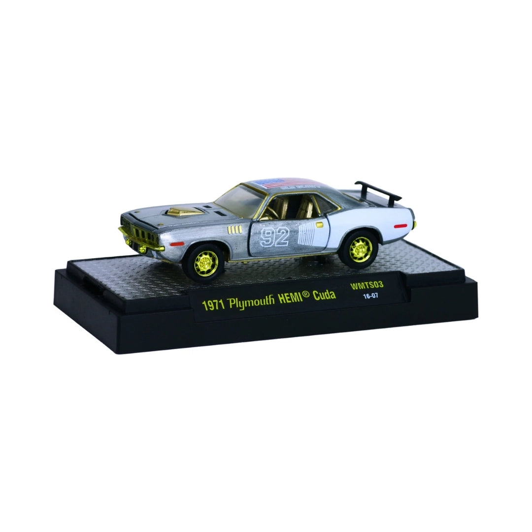 1971 Plymouth HEMI Cuda - White & Silver (#92 Graphics, Yellow Rims)