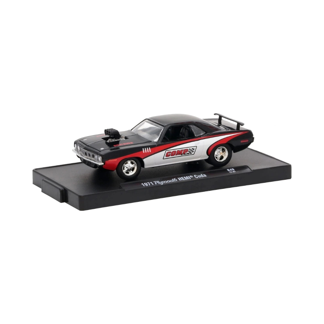 1971 Plymouth Hemi Cuda - Black, Silver & Red (Comp Cams Graphics, Chrome Rims)