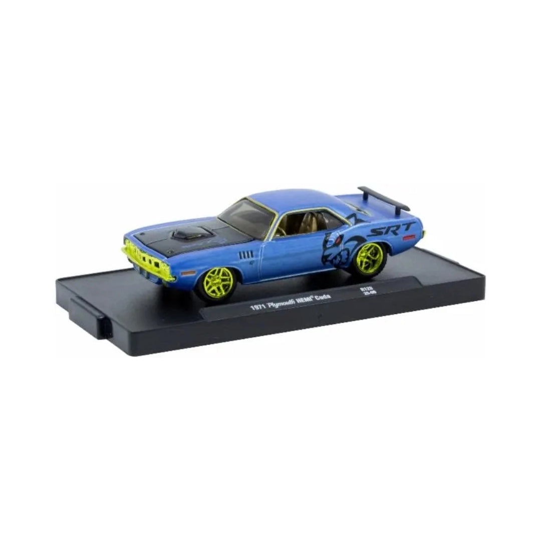 1971 Plymouth Hemi Cuda - Metallic Blue (Matte Black Hood & Yellow Chrome Rims)