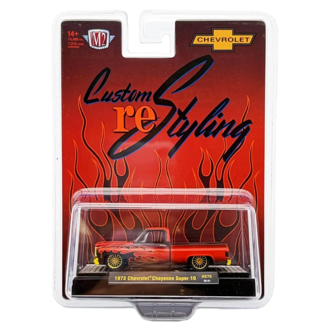1973 Chevrolet Cheyenne Super 10 - Orange & Black Flames Chase (Yellow Chrome Rims & Details)