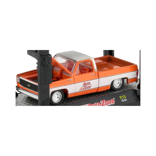 1973 Chevrolet Custom Deluxe 10 - OJ Orange & White, Silver Chrome Details, Black Grille, Steel Rims, Red Interior, AutoZone Logo on Doors