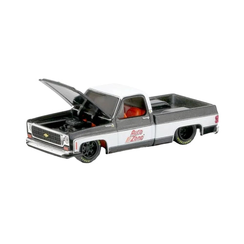 1973 Chevrolet Silverado - Black & Silver, Black Rims, Silver Grille & Bumpers, Red Interior, Tinted Windows, AutoZone Logo on Doors (Set Exclusive)