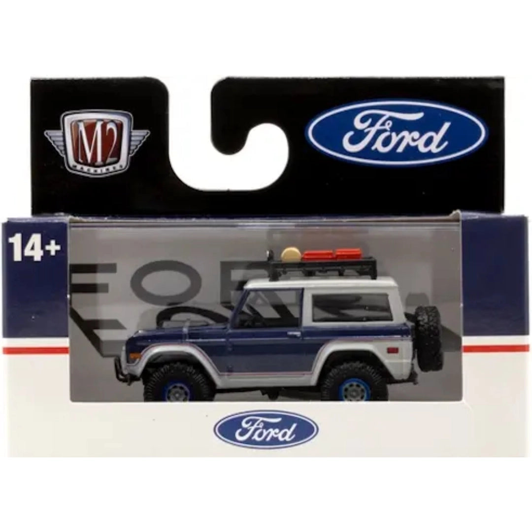 1976 Ford Bronco - Blue & White (Roof rack with gear, blue rims)