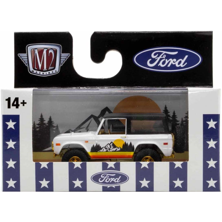 1976 Ford Bronco - White & Black (Mountain graphic livery, Silver chrome details, Black interior)