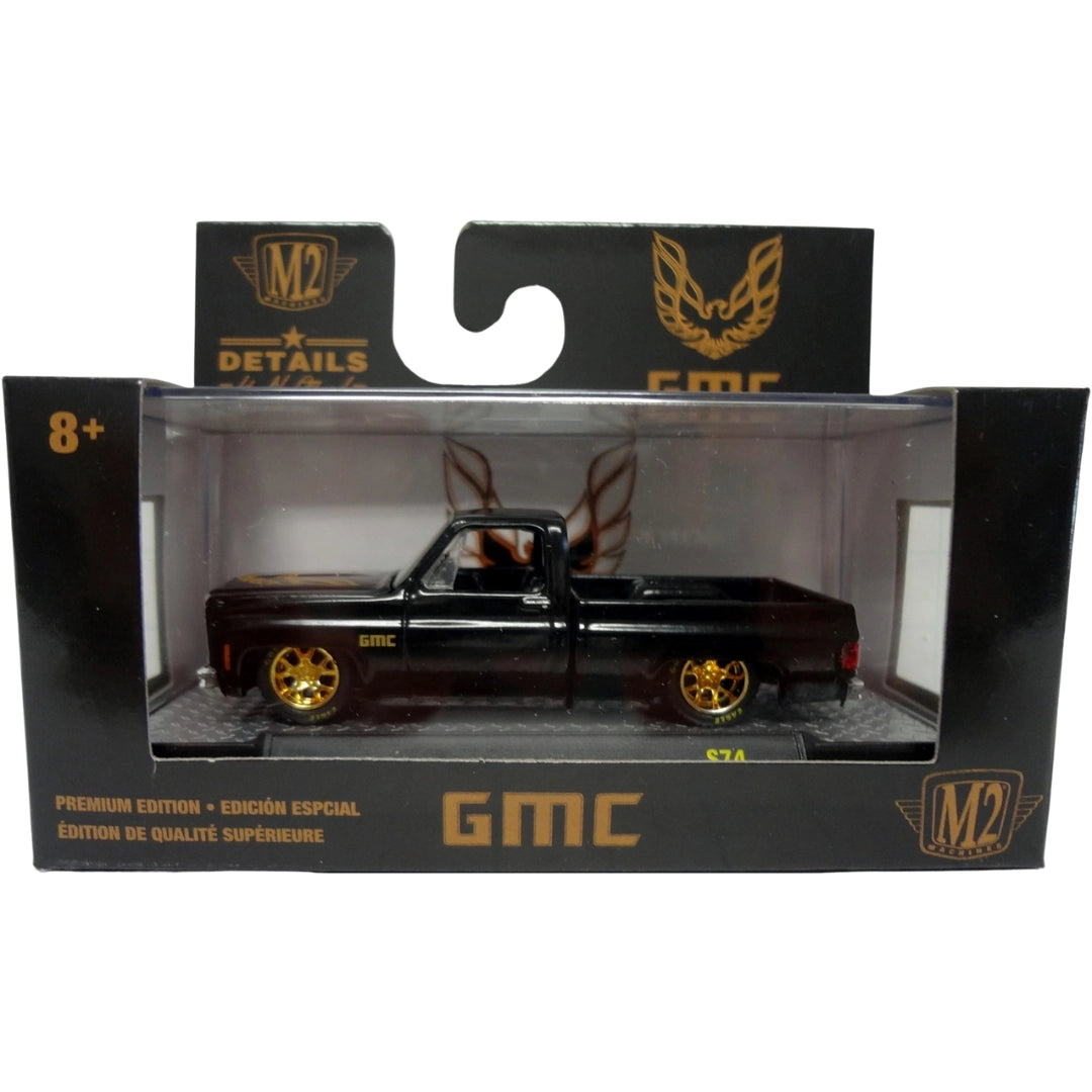 1976 GMC Sierra Grande 15 - Custom Dark Gray with Silver Chrome Grille & Bumpers, Gold 5-Spoke Rims, No Fender Logo, Black Interior
