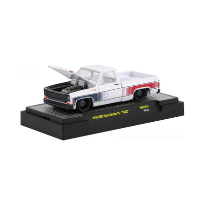 1976 GMC Sierra Grande 15 - SS02 White with Red/Gray Side Stripes, Slate Gray Bumpers & Grille, White Interior (Chase)