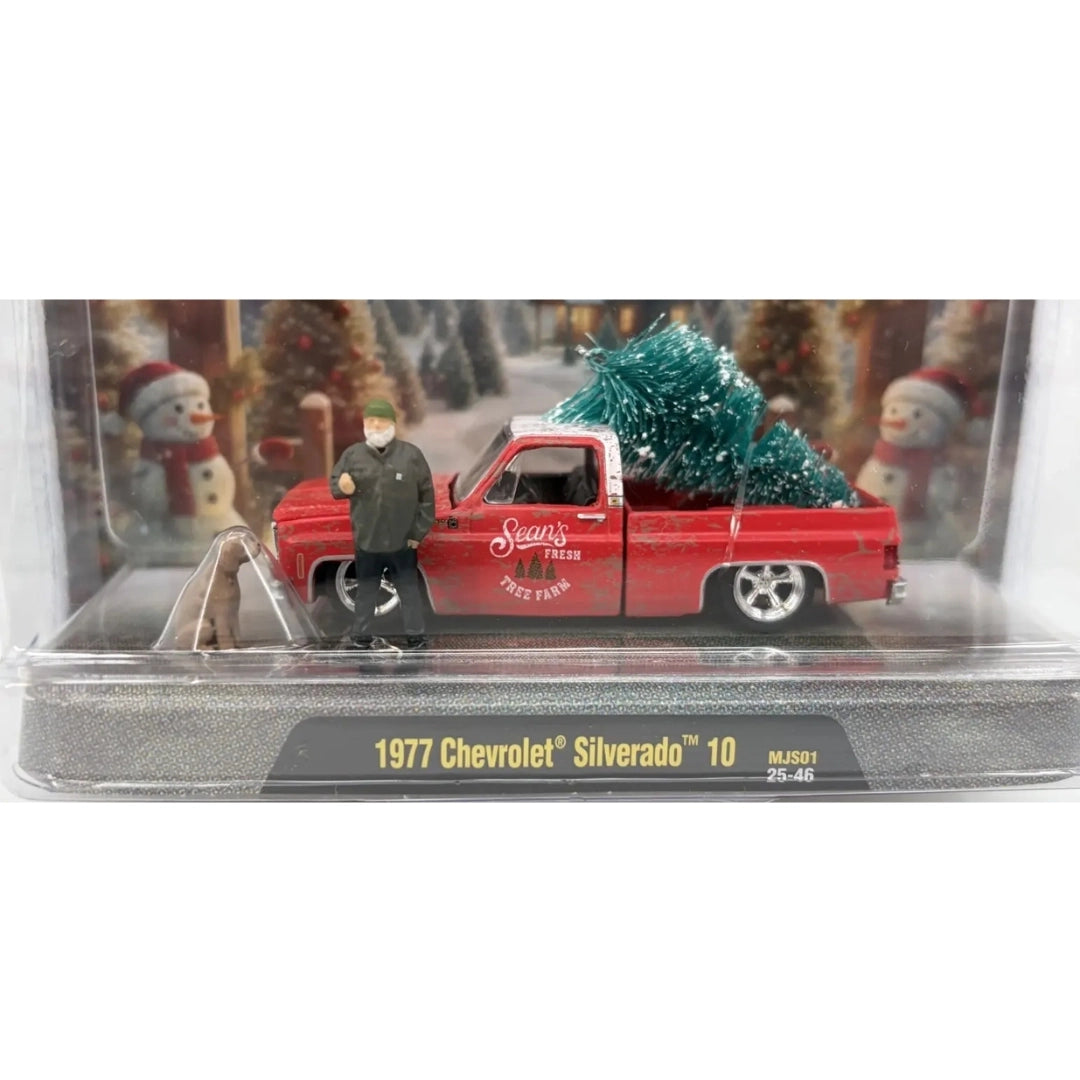 1977 Chevrolet Silverado 10 - Red Sean's Tree Farm (Silver Chrome Rims & Details, Black Interior, Figure with Gray Dress)