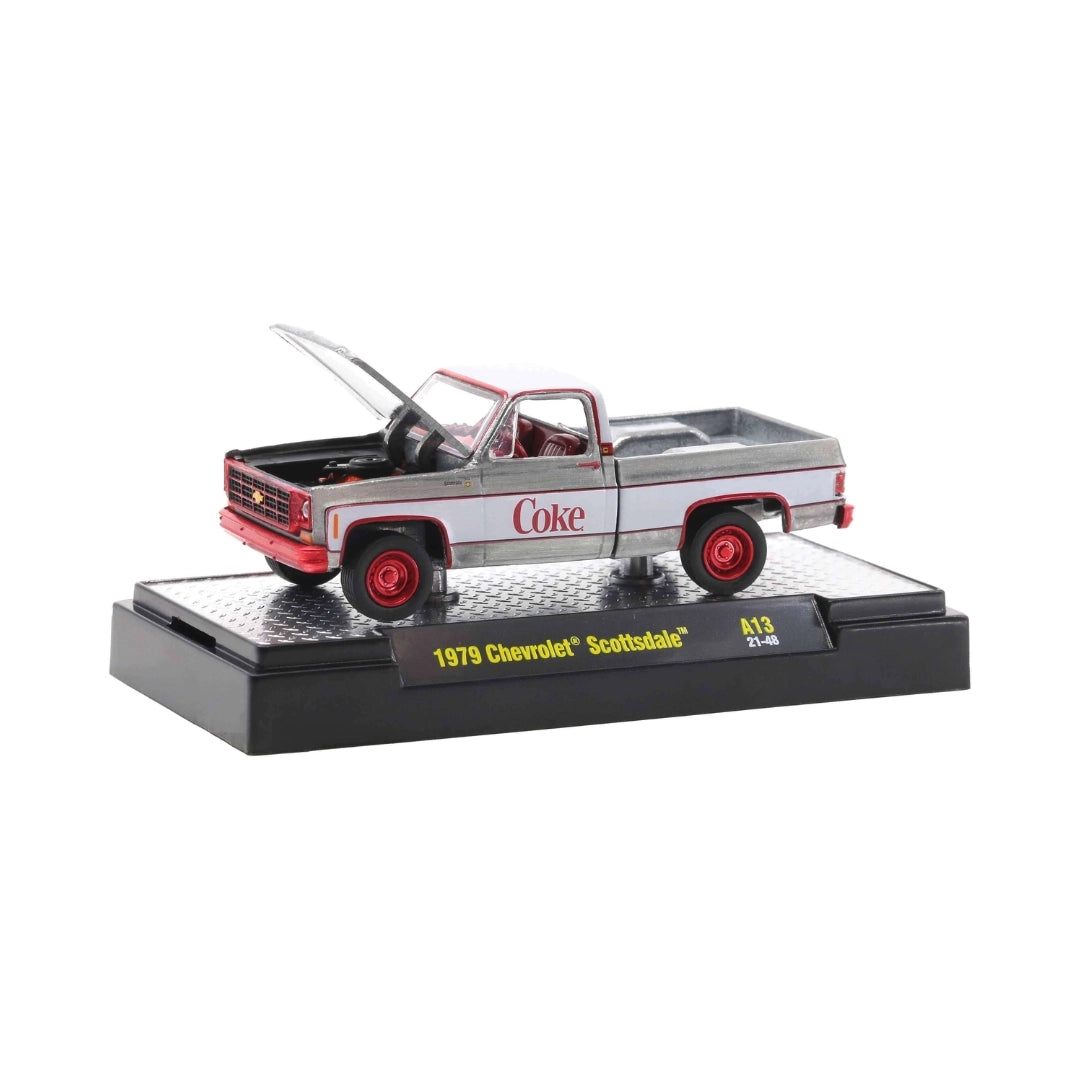 1979 Chevrolet Scottsdale - Silver & White Coca-Cola Livery, Red Chrome Grille, Dark Red Interior, Red Rims, Lifted Suspension