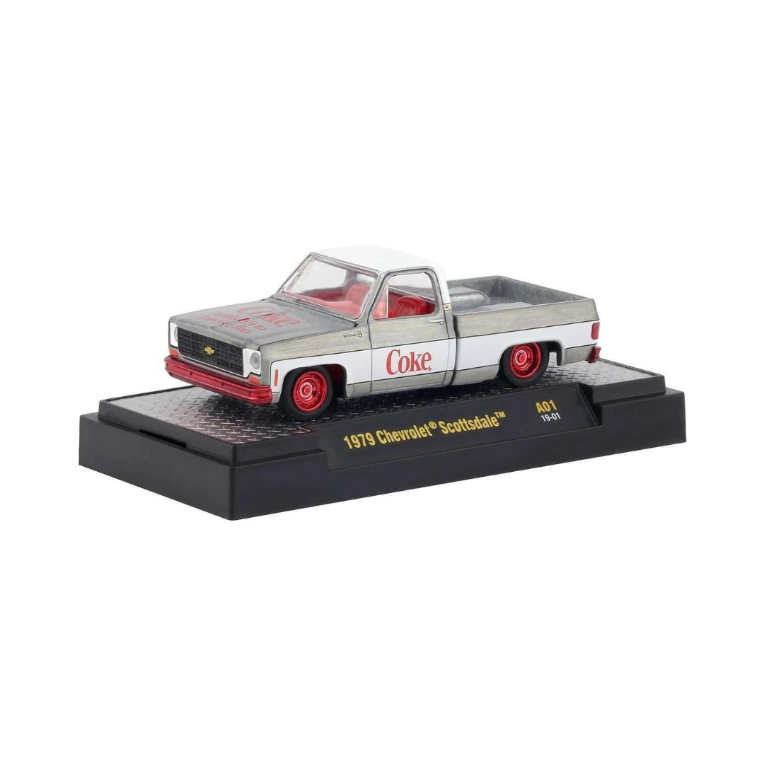 1979 Chevrolet Scottsdale - Silver & White Coca-Cola Livery, White Grille, Bright Red Interior, Red Rims
