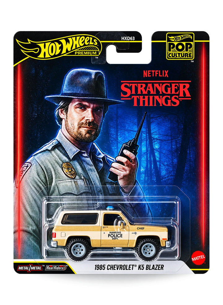 Hot Wheels Premium Pop Culture Netflix Stranger Things 1985 Chevrolet K5 Blazer 1:64 scale premium diecast truck mint on its original character blister card featuring an illustration of Chief Jim Hopper.