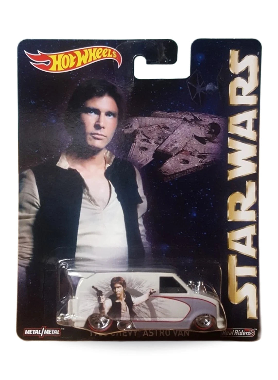 Hot Wheels Premium Pop Culture Star Wars Han Solo '85 Chevy Astro Van 1:64 scale diecast van mint on its original Millennium Falcon blister card.