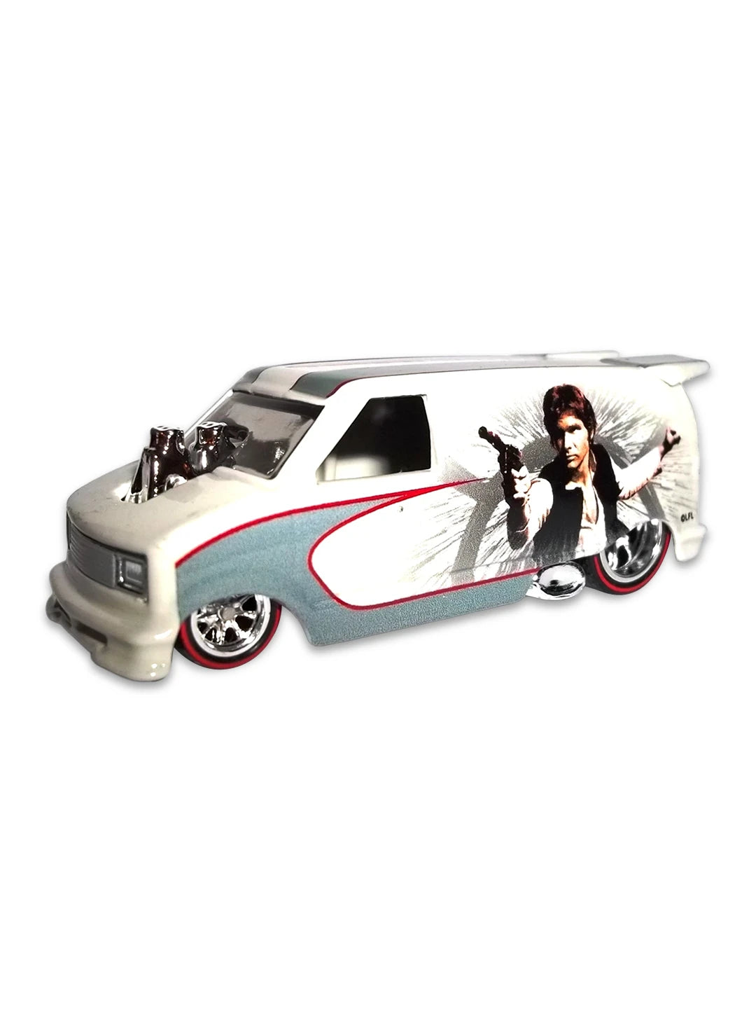 Close-up view of the white Hot Wheels Han Solo '85 Chevy Astro Van showing red side stripes, blaster graphics, and chrome Real Riders wheels.
