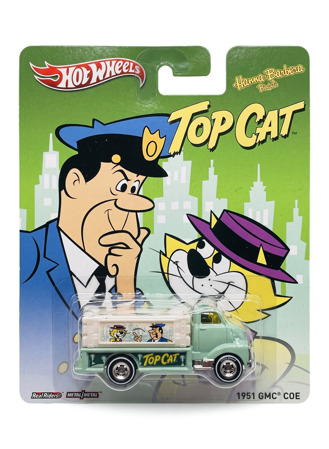 Hot Wheels Pop Culture Hanna-Barbera Top Cat 1951 GMC COE 1:64 scale diecast truck mint on its original retro cartoon blister card.