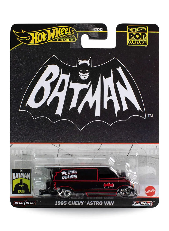 Hot Wheels Premium Pop Culture DC Batman 1985 Chevy Astro Van 1:64 scale premium diecast van mint on its original retro comic themed blister card.