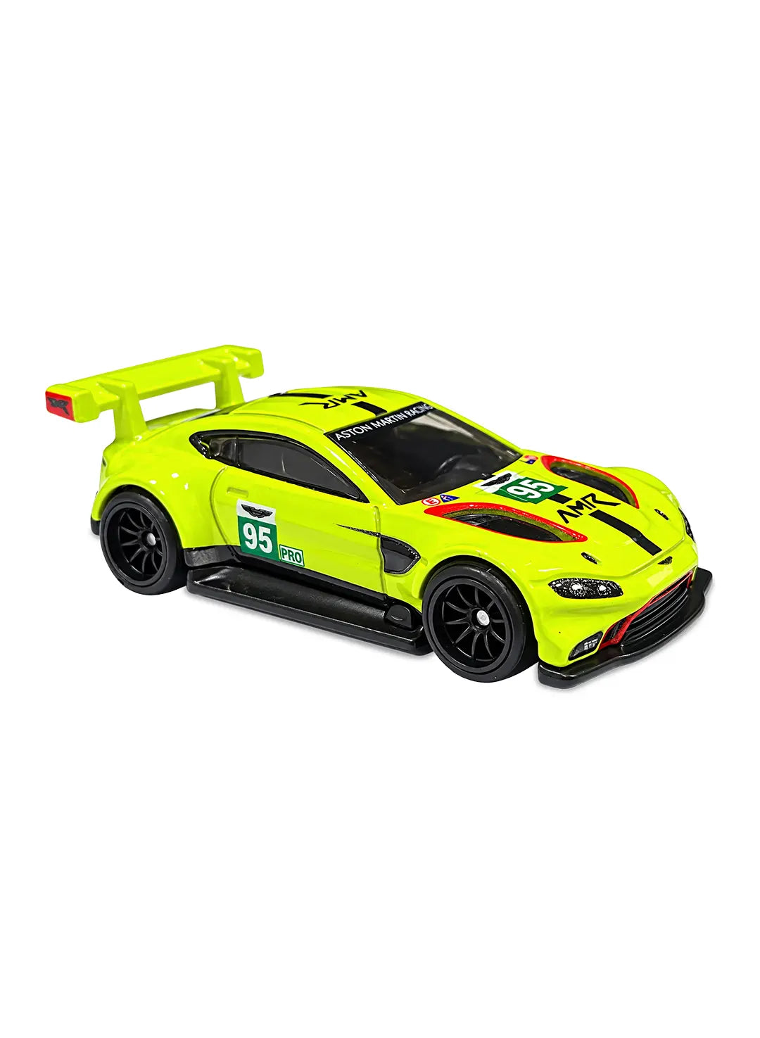 Close-up view of the premium electric lime essence Hot Wheels Aston Martin Vantage GTE highlighting its aggressive rear wing profile, sleek endurance racing casting body lines, and multi-spoke dark grey RR10SPM Real Riders wheels.