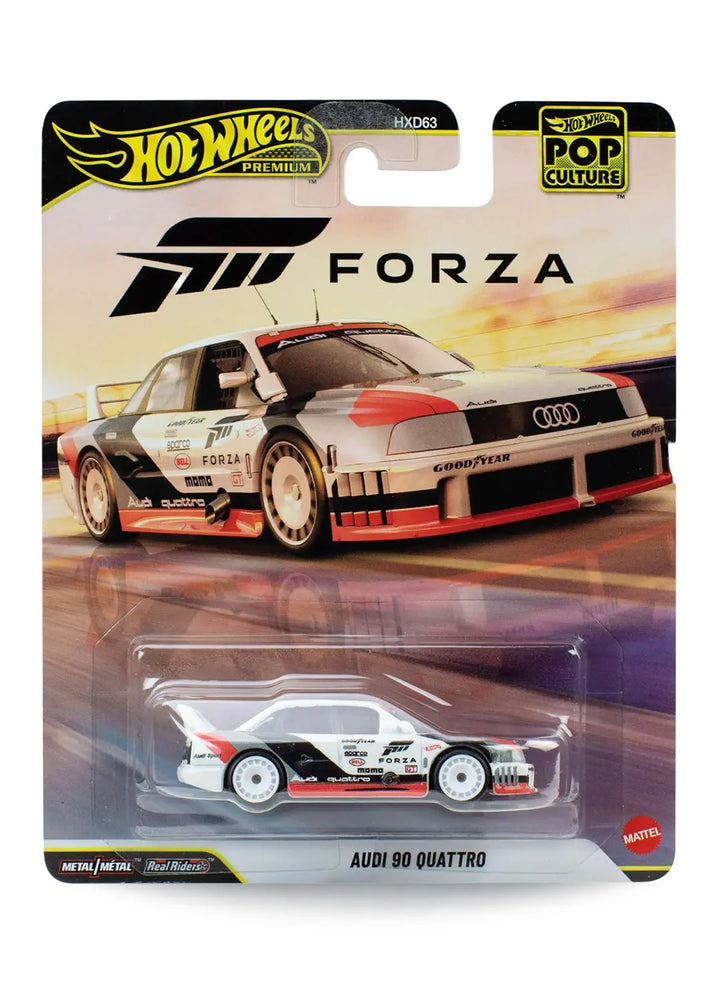 Hot Wheels Premium Pop Culture Forza Audi 90 Quattro 1:64 scale premium diecast race car mint on its original video game themed trackside blister card carrying a bold black Forza logo.