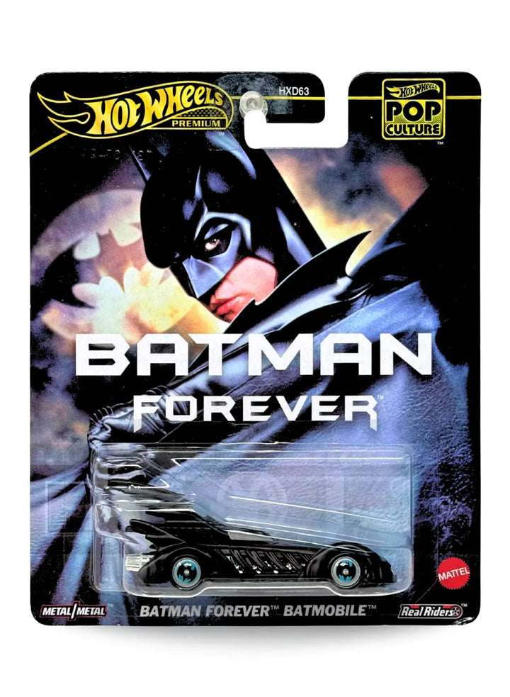 Hot Wheels Premium Pop Culture DC Batman Forever Batmobile 1:64 scale premium diecast vehicle mint on its original movie-themed blister card.