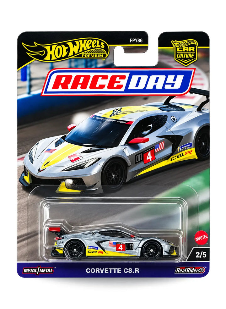 Hot Wheels Car Culture Race Day Corvette C8.R 1:64 scale premium diecast car mint on its original racetrack background blister card showing the 2/5 assortment marker.