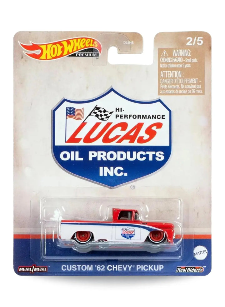 Hot Wheels Premium Pop Culture Vintage Oil Custom '62 Chevy Pickup 1:64 scale premium diecast truck mint on its original rustic Lucas Oil Products blister card.