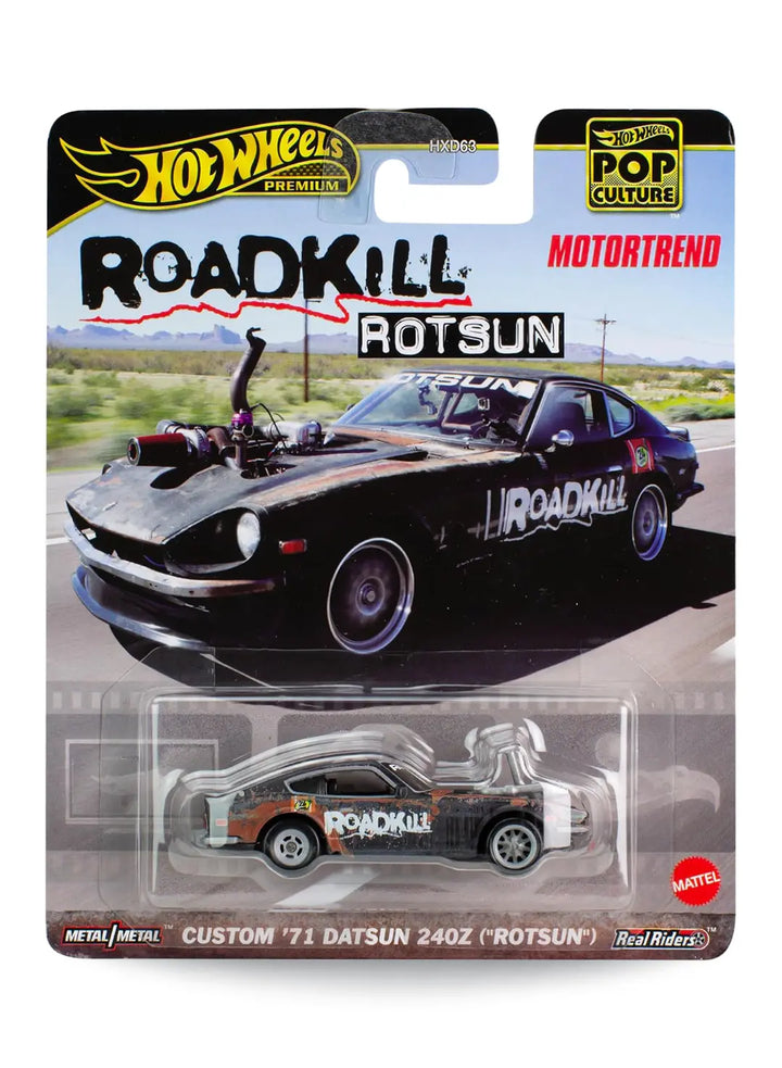 Hot Wheels Premium Pop Culture MotorTrend Roadkill Custom '71 Datsun 240Z Rotsun 1:64 scale premium diecast car mint on its original project-car themed blister card.