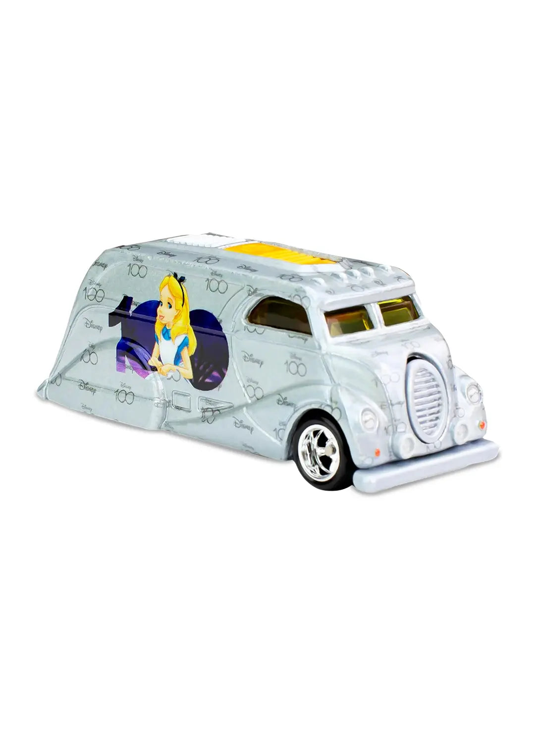 Close-up view of the pearlescent white Hot Wheels Alice in Wonderland Deco Delivery truck showing purple-accented side graphics and chrome wheels.